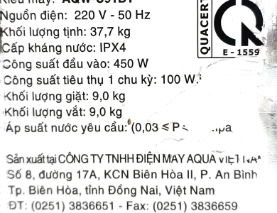 Máy giặt Aqua 9kg AQW-U91BT