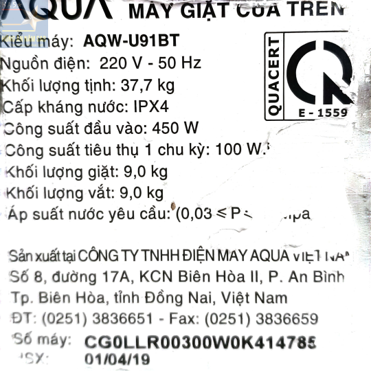 Máy giặt Aqua 9kg AQW-U91BT